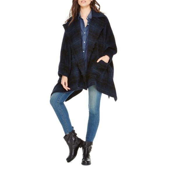 Pure DKNY Blue Plaid Wool Alpaca Blend Coat One Size